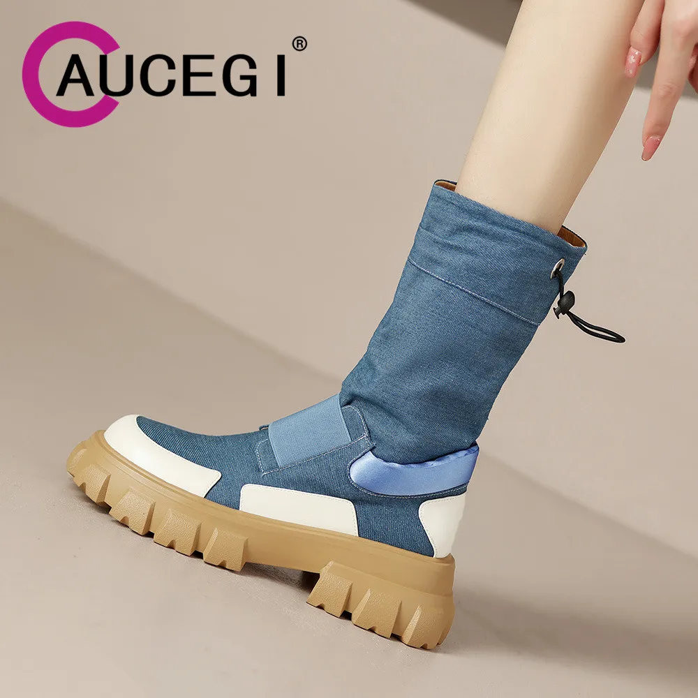 

Aucegi повседневные стильные осенне-весенние сапоги до середины икры на платформе с толстой подошвой без застежек джинсовая Лоскутная Повседневная Женская обувь с круглым носком