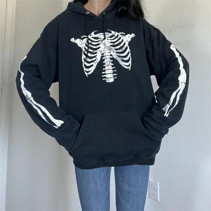 Dourbesty Women Halloween Hooded Sweatshirts Long Sleeve Skull Print Drawstring Hoodies Tops Spring Autumn Loose Casual Pullover