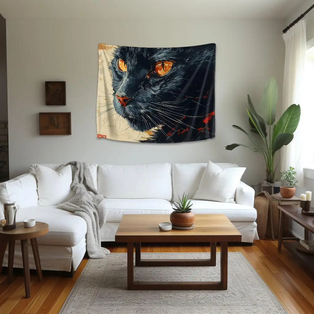 Dramatic Black Cat Portrait Wall Tapestry Boho Living Room Decor Artwork for Modern Home Interior Design