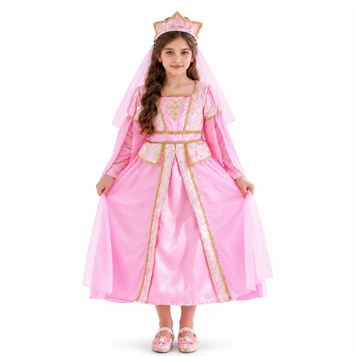 Girls Vintage Pink Royal Princess Costume Kids Long Sleeve Embroidery Gown with Crown Veil Pageant Arabic Birthday Outfit ZYD47