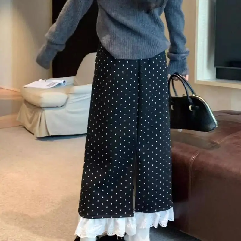 

Дизайнерская юбка с кружевной отделкой в горошек на флисовой подкладке, зимняя новая толстая длинная юбка трапециевидной формы с высокой талией, женская модная мягкая юбка-миди