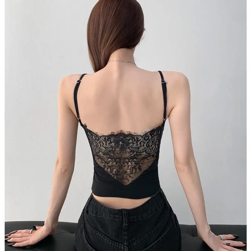 Sexy Spitzen-Crop-Top für Damen, Träger-Top mit Brustpolster, als Innen- und Außenbekleidung, schlankmachendes, kurzes Basic-Shirt mit schönem Rücken – Detail 3
