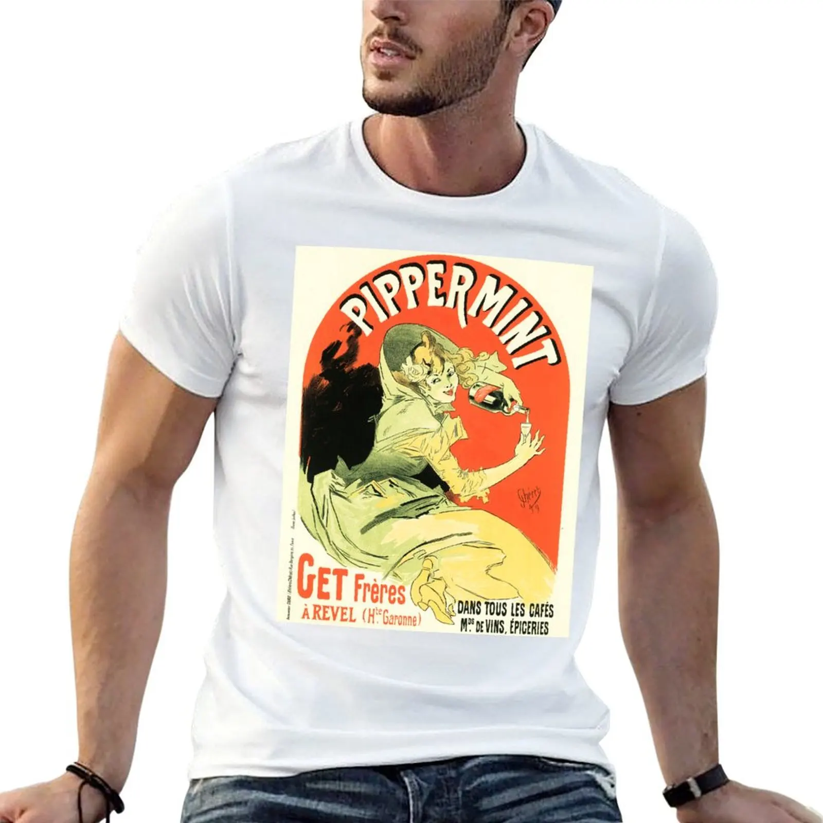 Camiseta francesa vintage de algodón de alta calidad con estampado de licor de menta PIPPERMINT, bebida alcohólica aperitiva, Jules Cheret