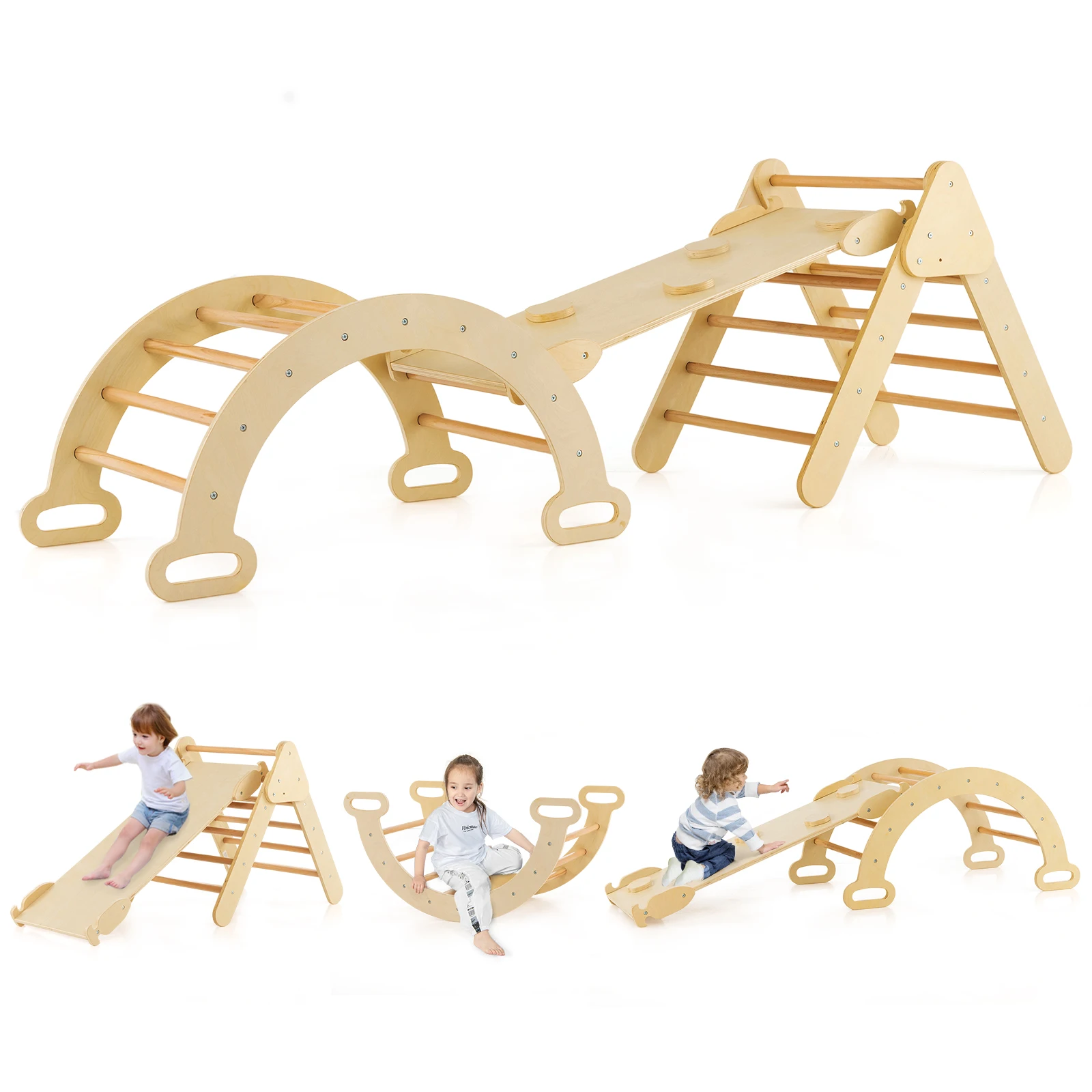 3-in-1 Kids Climber Set Toddler Wooden Play Arch with Sliding and Climbing Ramp