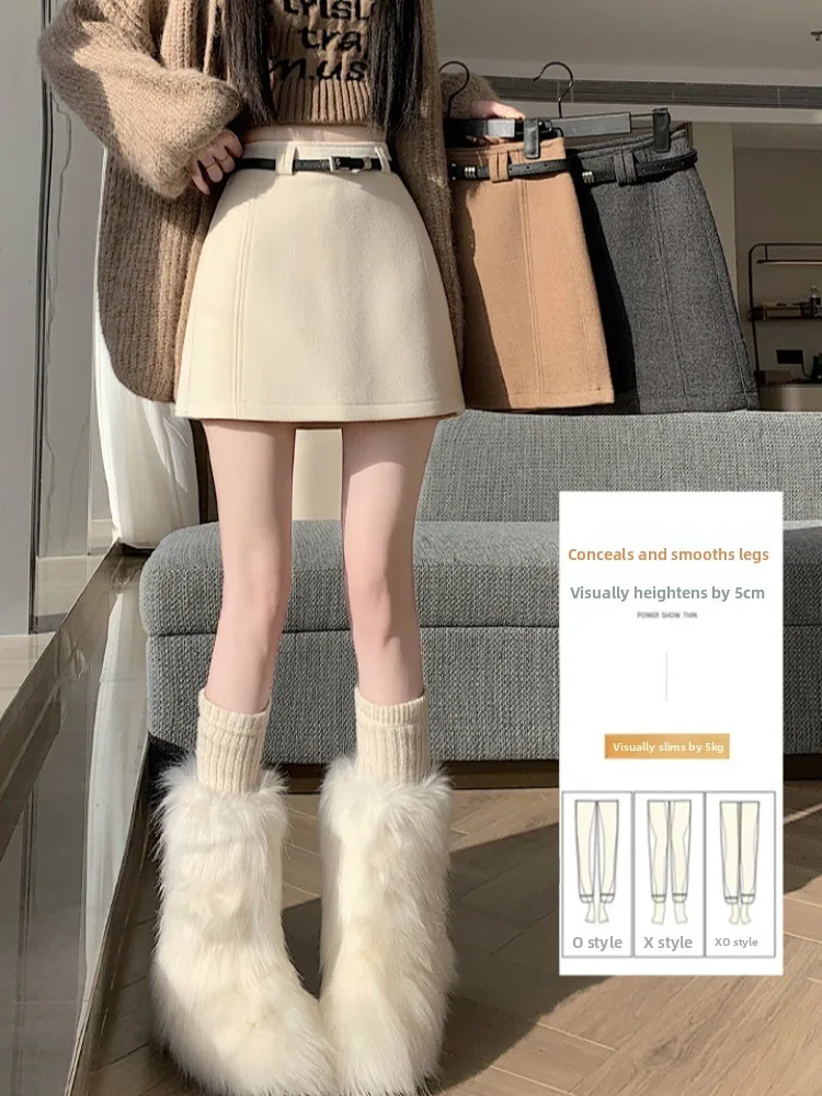 Khaki Woolen A-Line  Skirt Women's Winter 2025 New High Waist Slimming Casual Bodycon ort Skirt Ci Walk PVC Fabric