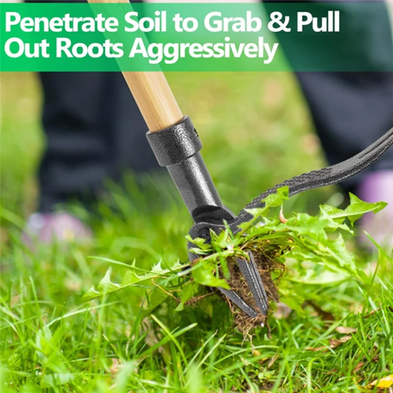 

46-дюймовый инструмент для удаления сорняков с длинной ручкой, бамбуковой ручкой и 4 стальными головками, 3-секционная конструкция для садового инструмента