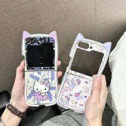 Cute Hello Kitty 3D Cat Ear con custodia per telefono con cordino per Samsung Galaxy Z Flip 3 4 Z Flip 5 6 5G PC Cover posteriore rigida Anti-goccia