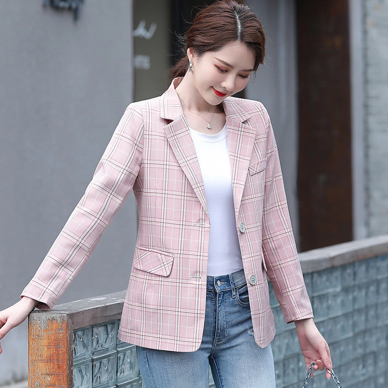 

Korean Feminine Plaid Suit Outwear Middle Aged Mother Blazer Jacket Spring Autumn Women Top Coat