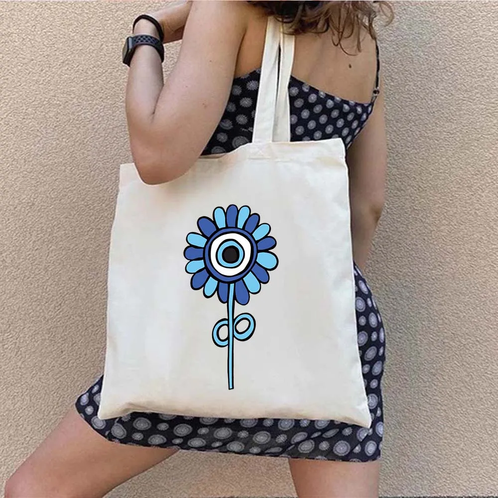 Psychedelic Evil Eye Blue Greek Rainbow Mandala Shopper Canvas Tote Bag Turkish Mashallah Shopping Bags Women Girl Hamsa Handbag