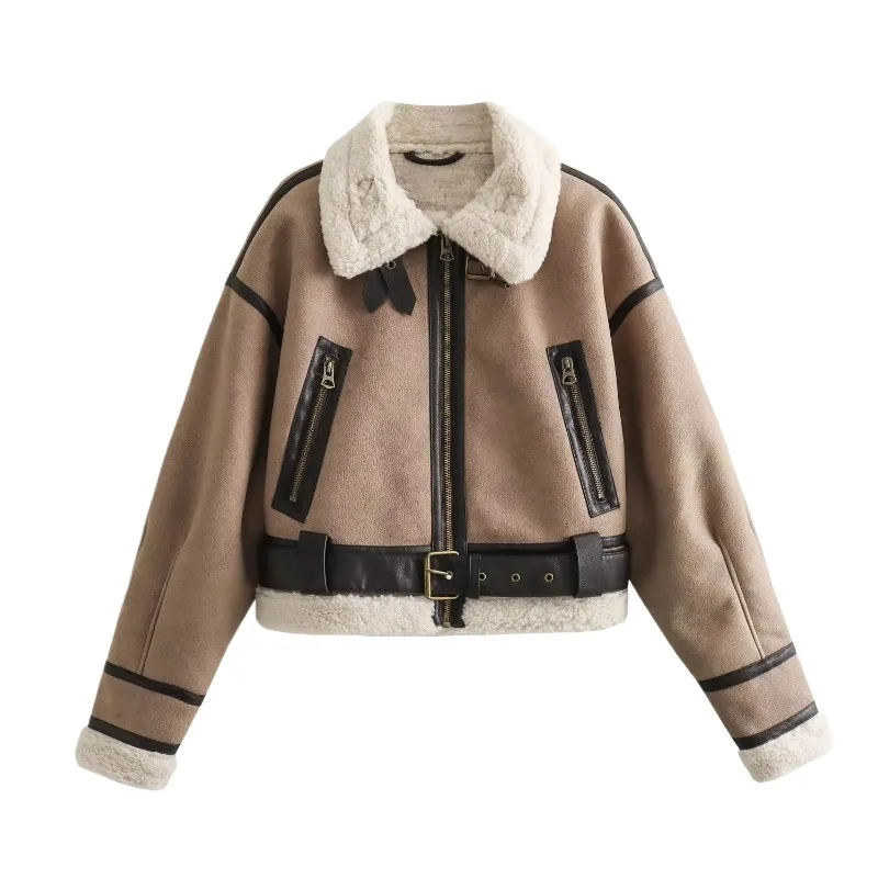 Manteau décontracté haut de gamme automne hiver vêtements d'extérieur nouvelle fausse fourrure intégrée rétro mode moto veste courte vêtements pour femmes