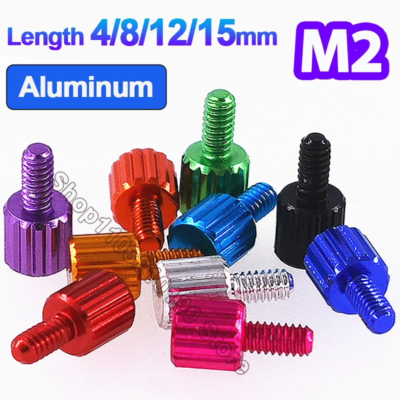 1-10Pcs M2 Aluminum Alloy Knurled Hand Thumb Screw Cylinder Head Hand Tighten Knob Maunal Adjustment Bolt Anodized L=4/8/12/15mm