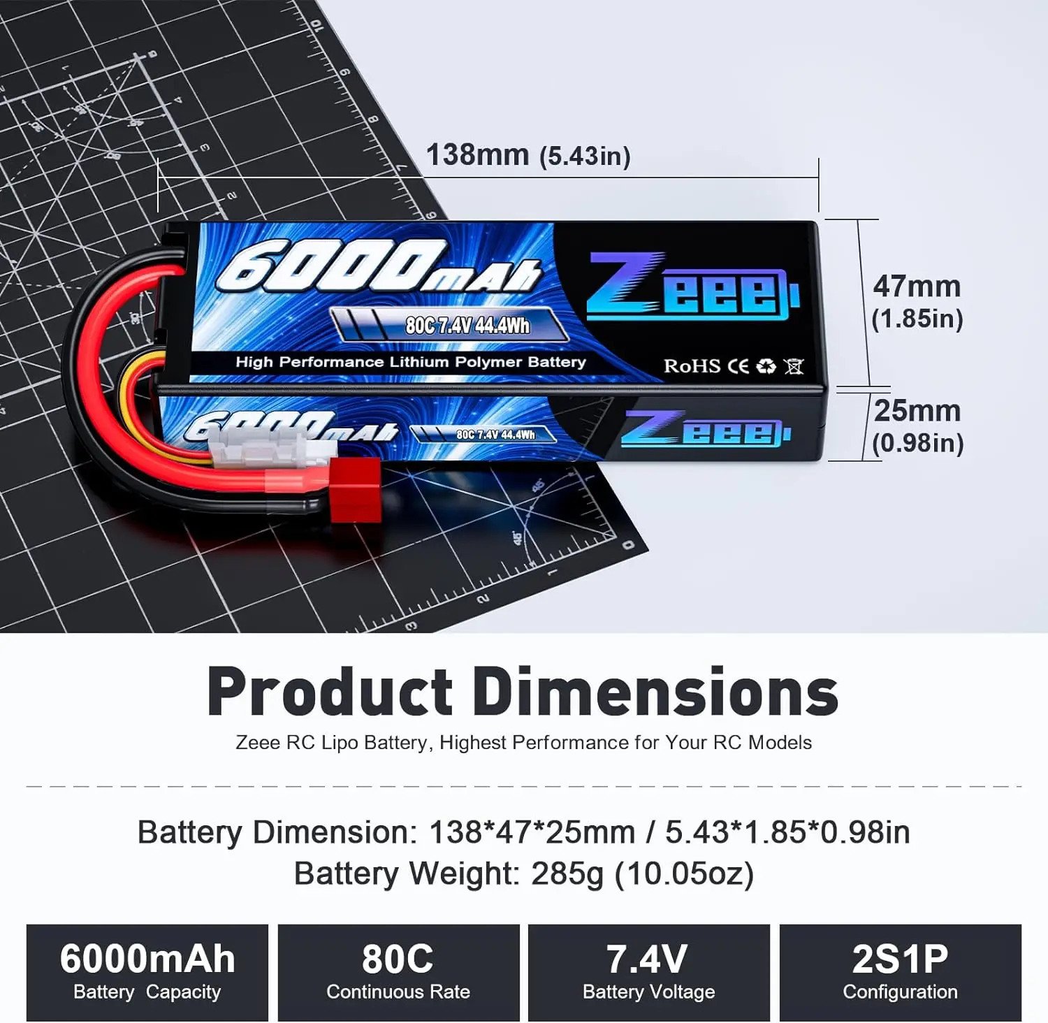 Zeee 2S Battery 7.4V 6000mAh Lipo 80C for RC Parts Hardcase with Deans Plug for RC Car Vehicle Truck Tank Losi Slash Truggy