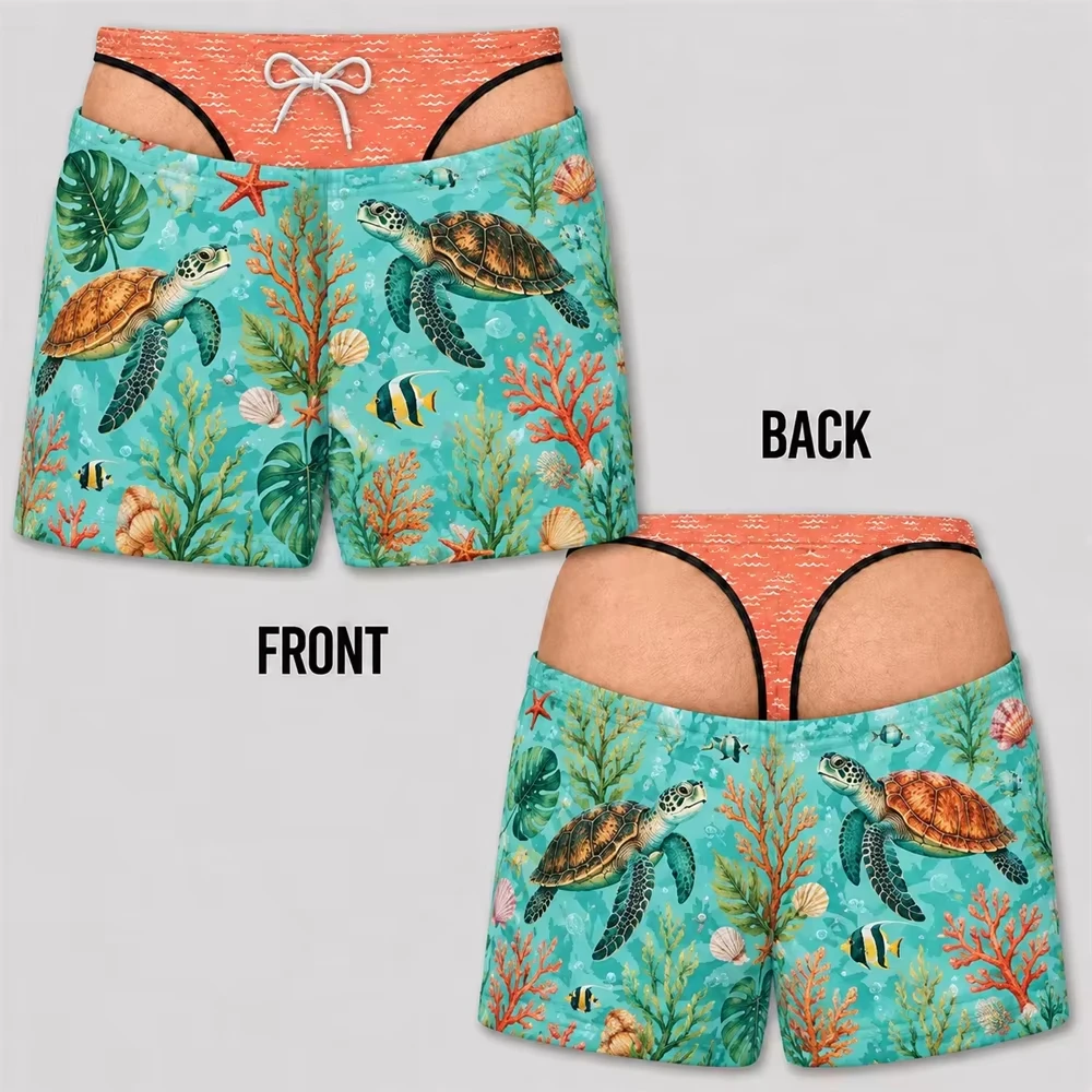 Tropical Plant Flowers 3d Print Hawaii Swim Trunks Funny Fake Butt Pattern Beach Party Shorts Husband Gifts Family Matching
