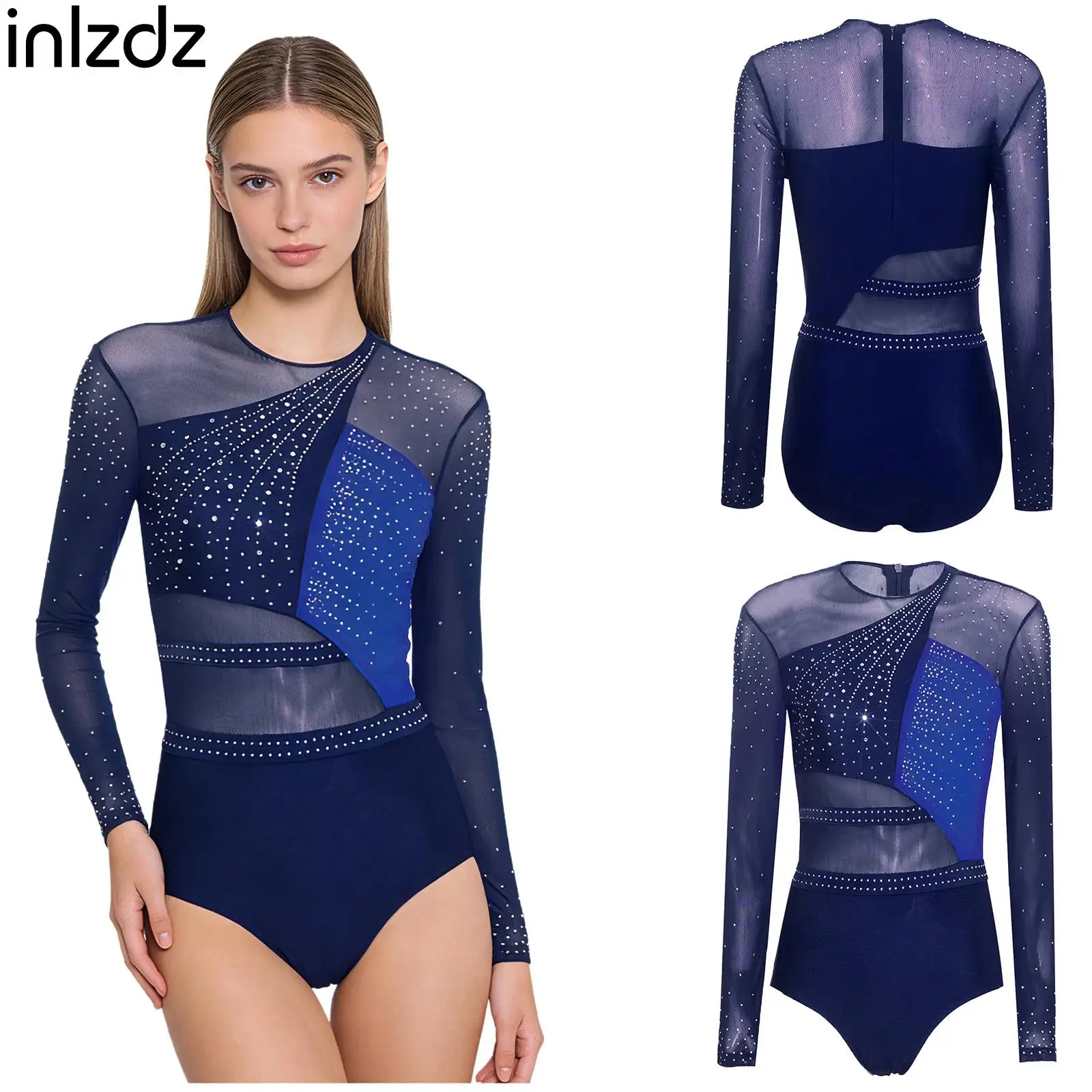 

Women Athletic Gymnastics Figure Skating Ballet Dance Costume Rhinestones Long Sleeve Stylish Leotards Performance Dancewear