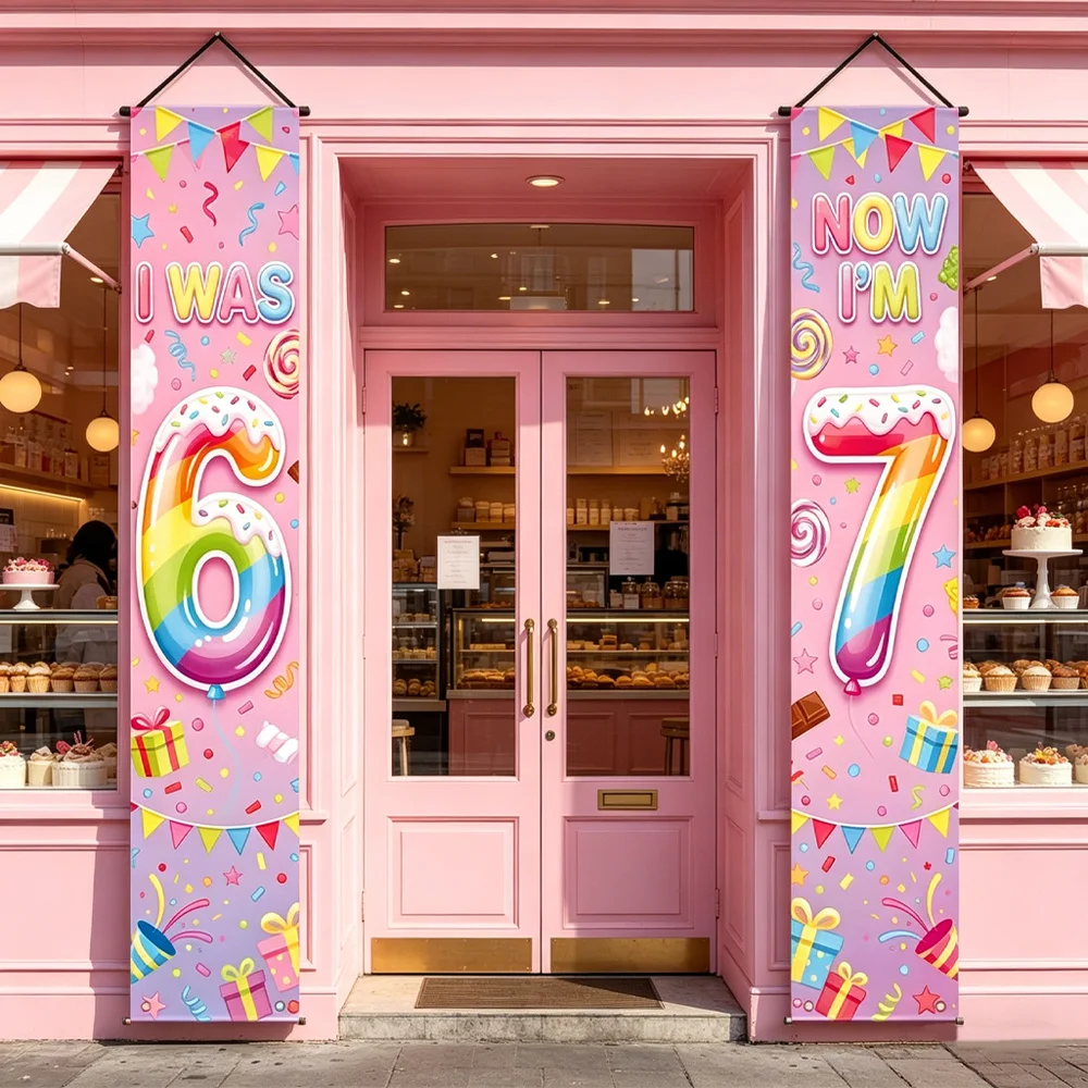 2D 2-teilige 6-7. Geburtstag Rosa Regenbogen Veranda-Banner, Geschenkbox- & Band-Design, Party-Tür- & Foto-Hintergrund-Dekoration