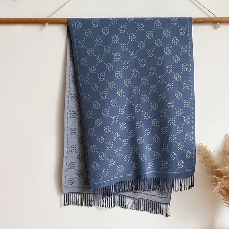 Marken-Jacquard-Design, zweiseitiger Winterschal, Kaschmir, weich, warm, lange Fransen, Pashmina-Schal, kältebeständig, winddicht, Deckenschal – Detail 7
