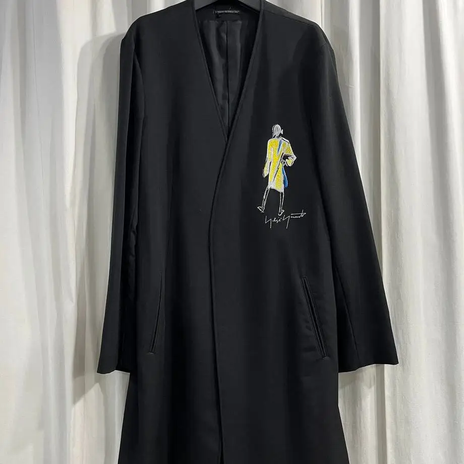 TOP-YAMAMOTO ® Black long trench coat Men's autumn and Winter printed embroidered wool jacket