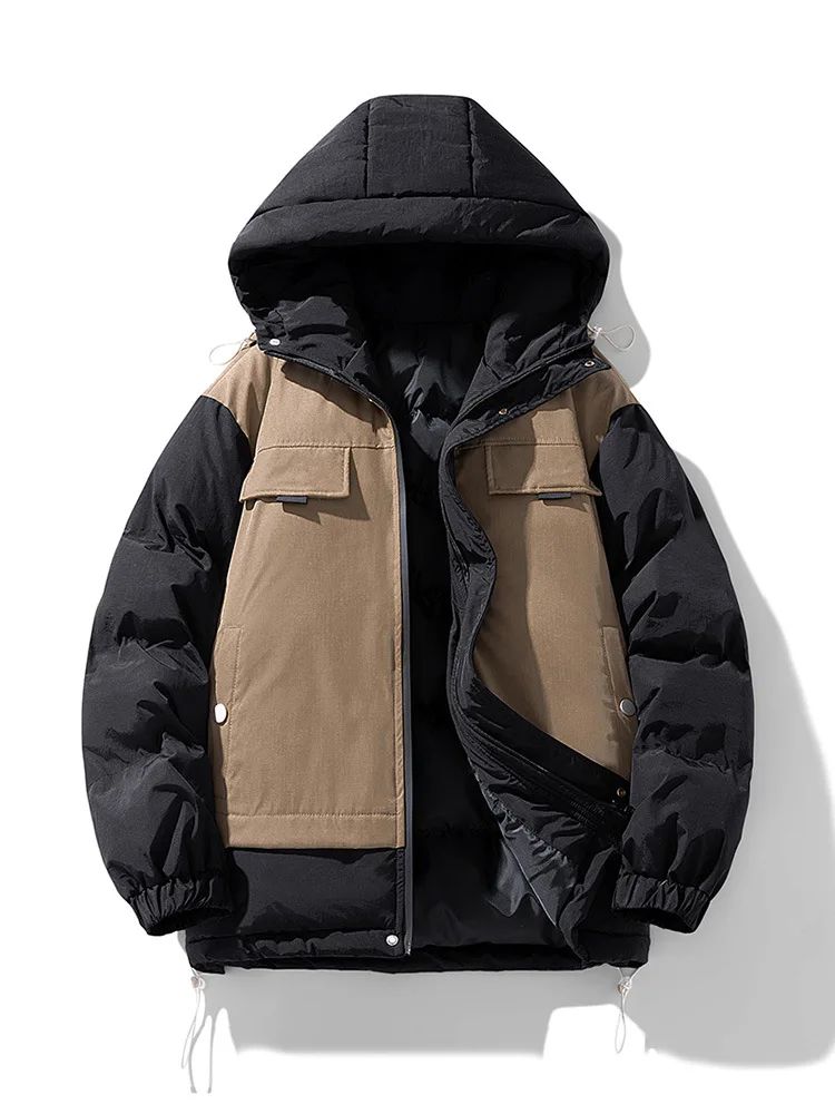 Winter Man Down Jacket Thicken Contrast Color Patchwork Zipper Men Outerwear Long Sleeve Zipper Versatile Male Hooded Coat