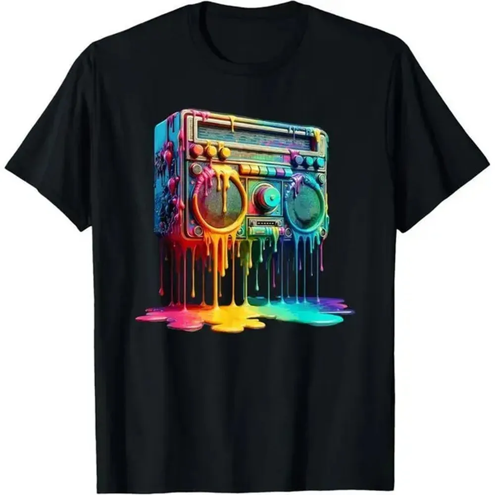 Men's Smooth Cotton Tshirt - 80s Retro Graffiti Boombox Graphic, Streetwear Oversize Casual Loose-Fit Short-Sleeve Round-Neck Top, Breathable Fabric for Hip Hop Enthusiasts, Baggy, Shortsleeve, T-Shirt, Oversized, Graffiti Art, Pure Cotton, Chic
