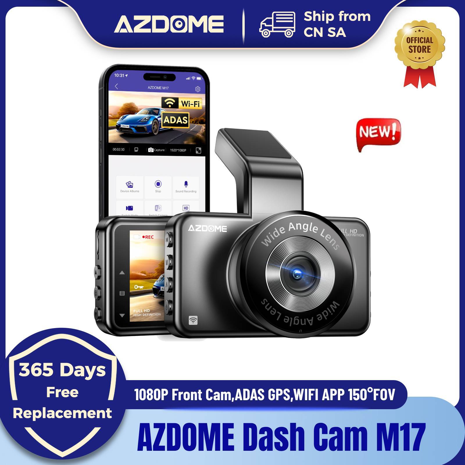  AZDOME Dash Cam M17 1080P Front Cam Built-in ADAS GPS Car Camera 24H Parking Monitor Night Vision Car DVR WIFI APP 150°FOV 