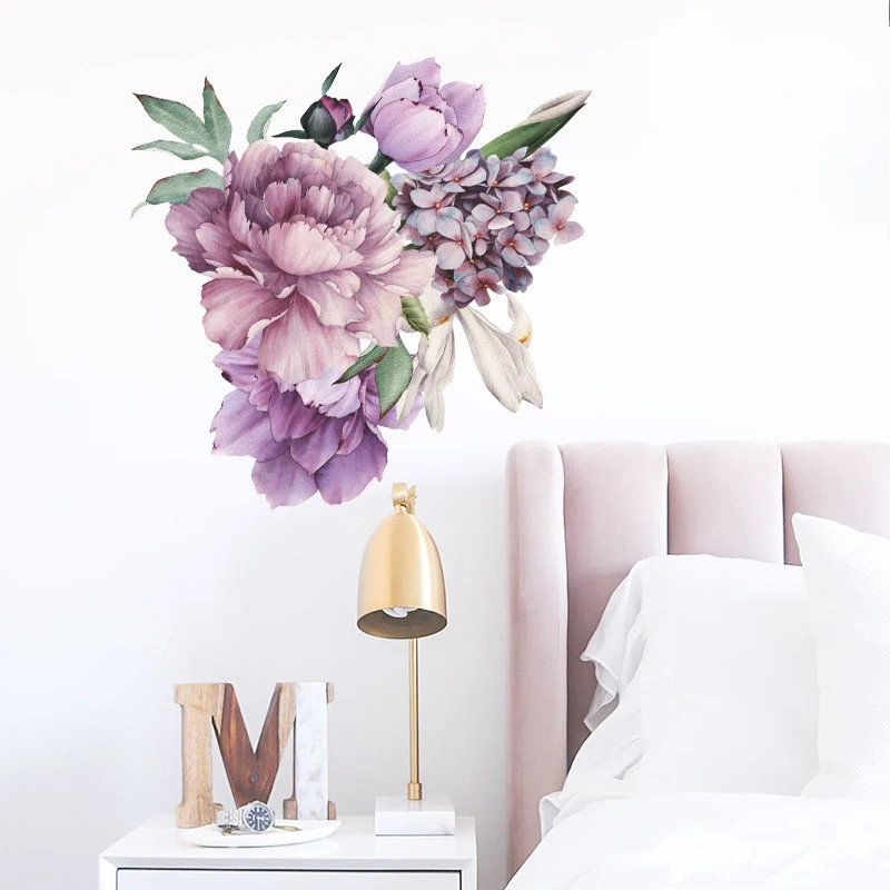 Large Peony Flower Wall Sticker, Living Room, Bedroom, Foyer, Bedside, Purple, Decoration