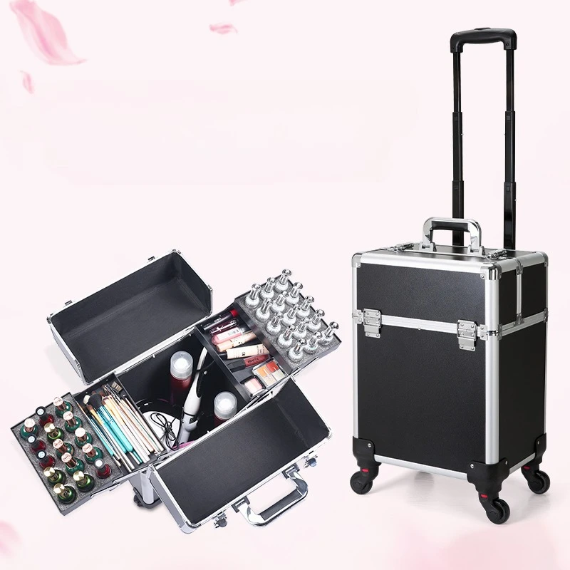 

Aluminum Travel Makeup Case With Lock Large Capacity Nail Polish Organizer Professional Cosmetic Salon Organizer Trolley Case
