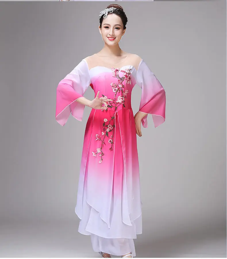 2024Hanfu Frauen klassische Tanz Performance Kostüm weibliche ethnische Jiangnan Regenschirm Tanz Fan Tanz erwachsene weibliche Yangko Kleid