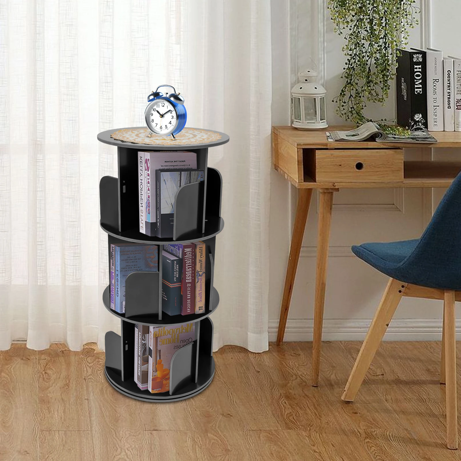 3/4/5 Tier Rotating Display Bookshelf -360° Unique Revolving Storage Rack, Floor Standing Wood Bookshelf Organizer