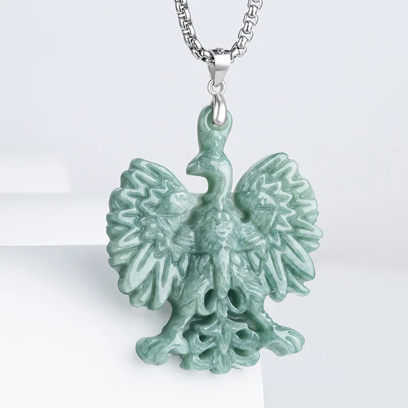 

Natural A Grade Jadeite Freedom Eagle Pendant with S925 Silver Setting Hand Carved Green Jade Eagle Amulet for Men Women