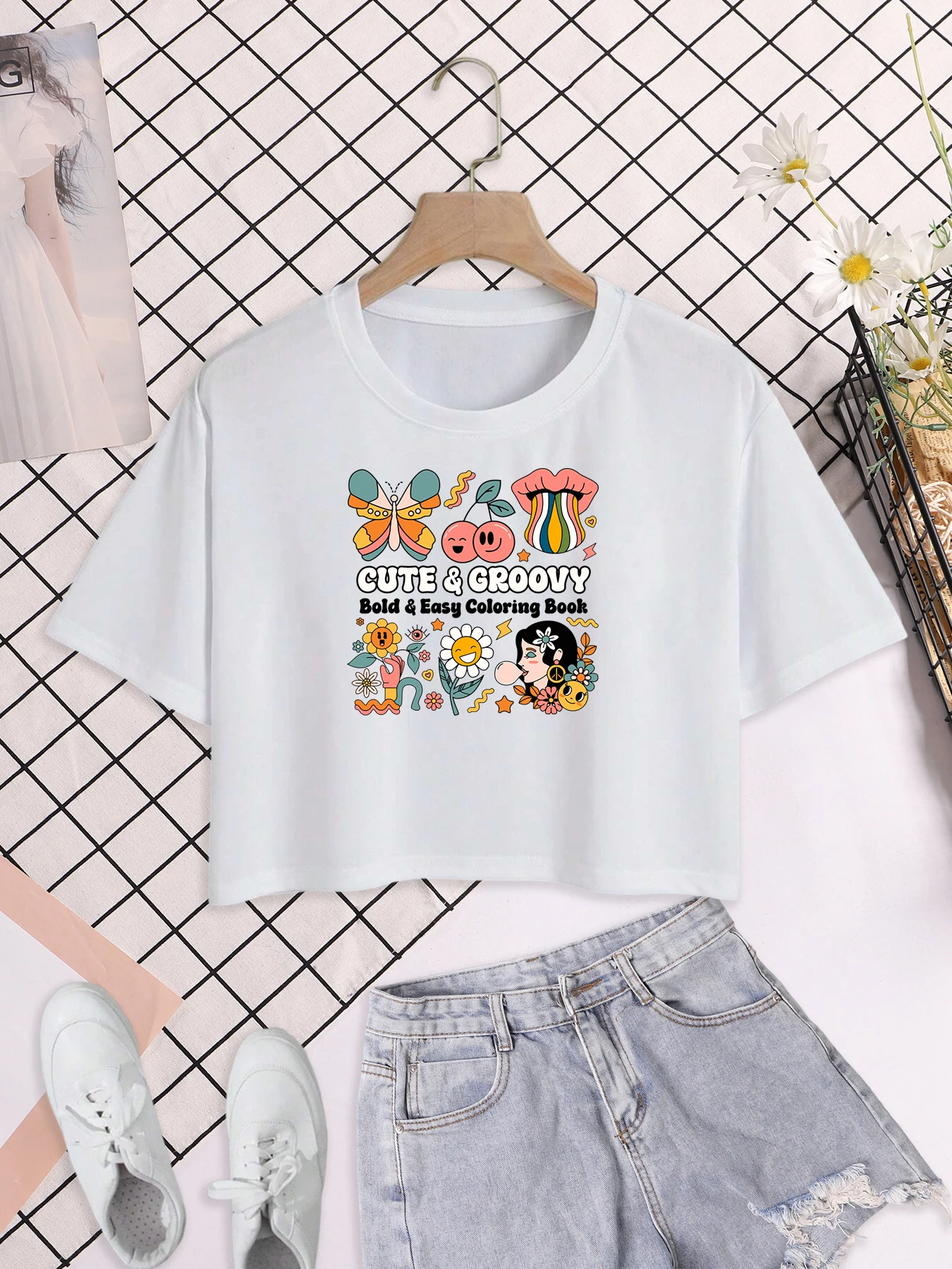 

Cute Groovy Bold Easy Coloring Book Print Women Crop T Shirts O-Neck Casual T-Shirts Summer Hip Hop Streetwear Cotton Loose Top