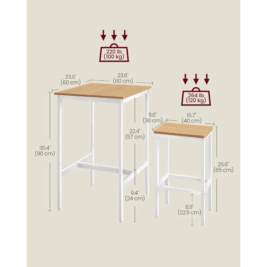VASAGLE Bar Table and Chairs Set Square Table with 2 Stools Dining Pub Set for 2 Space Saving for Kitchen Breakfast Living Room