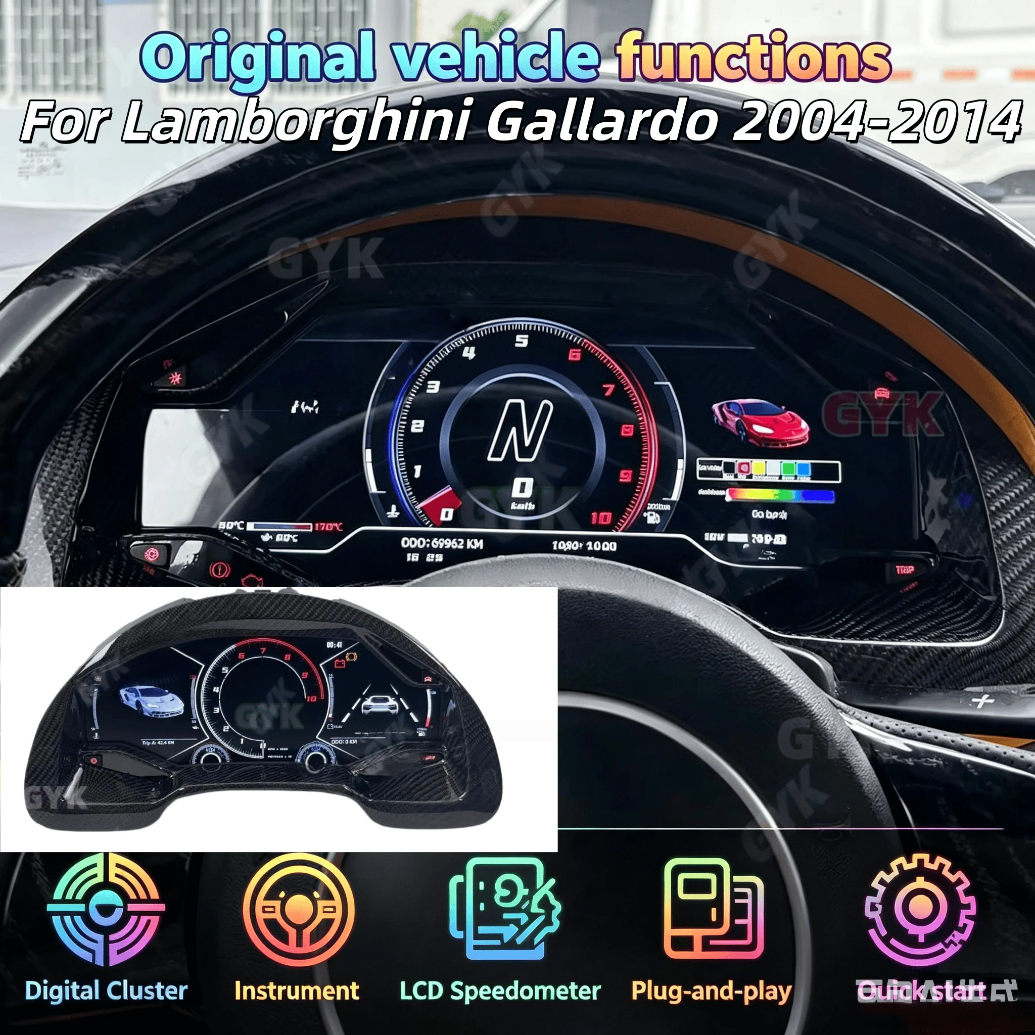 CarPlay Virtual Cockpit Speed Meter For Lamborghini Gallardo 2004-2014 Digital Dashboard Cluster Car  Instrument Screen LCD Pane