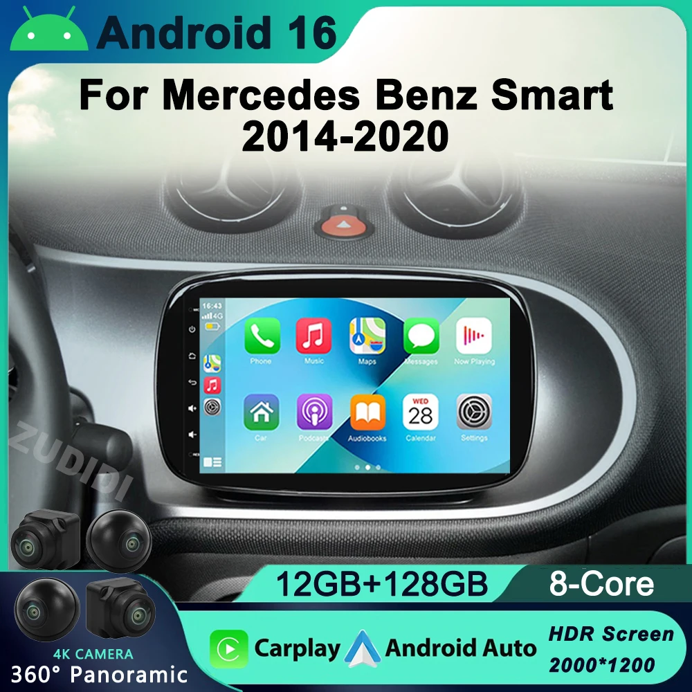 안드로이드 16 메르세데스 스마트 453 포투 2014-2020용 오토라디오 멀티미디어 플레이어 QLED 1280*720 화면 카플레이 카 라디오 2Din DVD