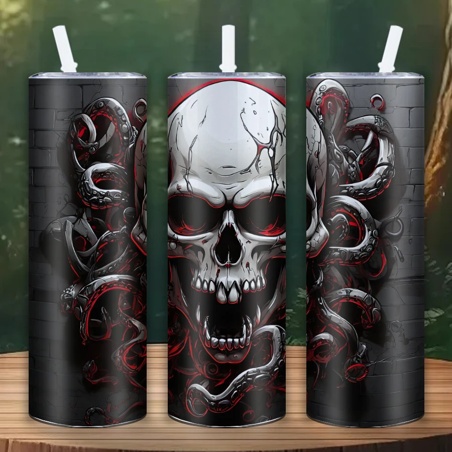 3d Print Horror Skull Pattern 20oz Sublimation Stainless Steel Water Tumblers With Lid&Straw Insulated Straight Cups Halloween