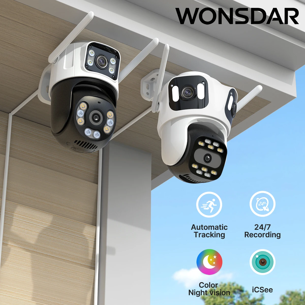 

WONSDAR Three Lens PTZ IP Camera Outdoor HD Three Screen WiFi Security Camera Auto Tracking Dual Len Wirelss CCTV Camera iCsee