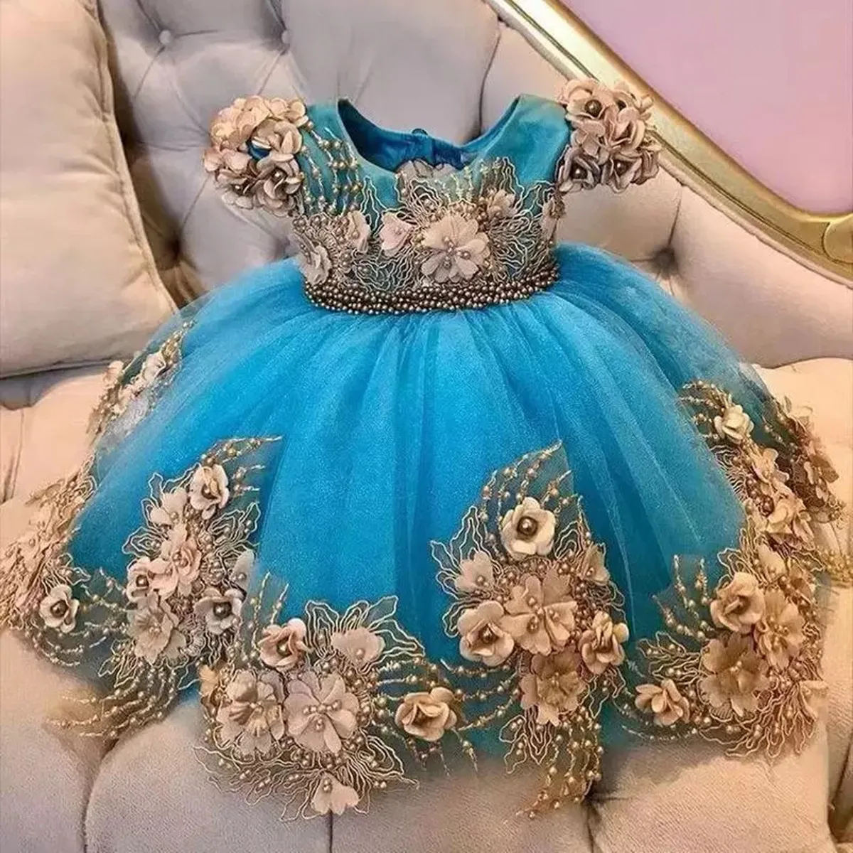 Blue Little Flower Girls Dresses Short Sleeve Pearls Princess Kids First Communion Gown Knee Length Toddler Christening Dress