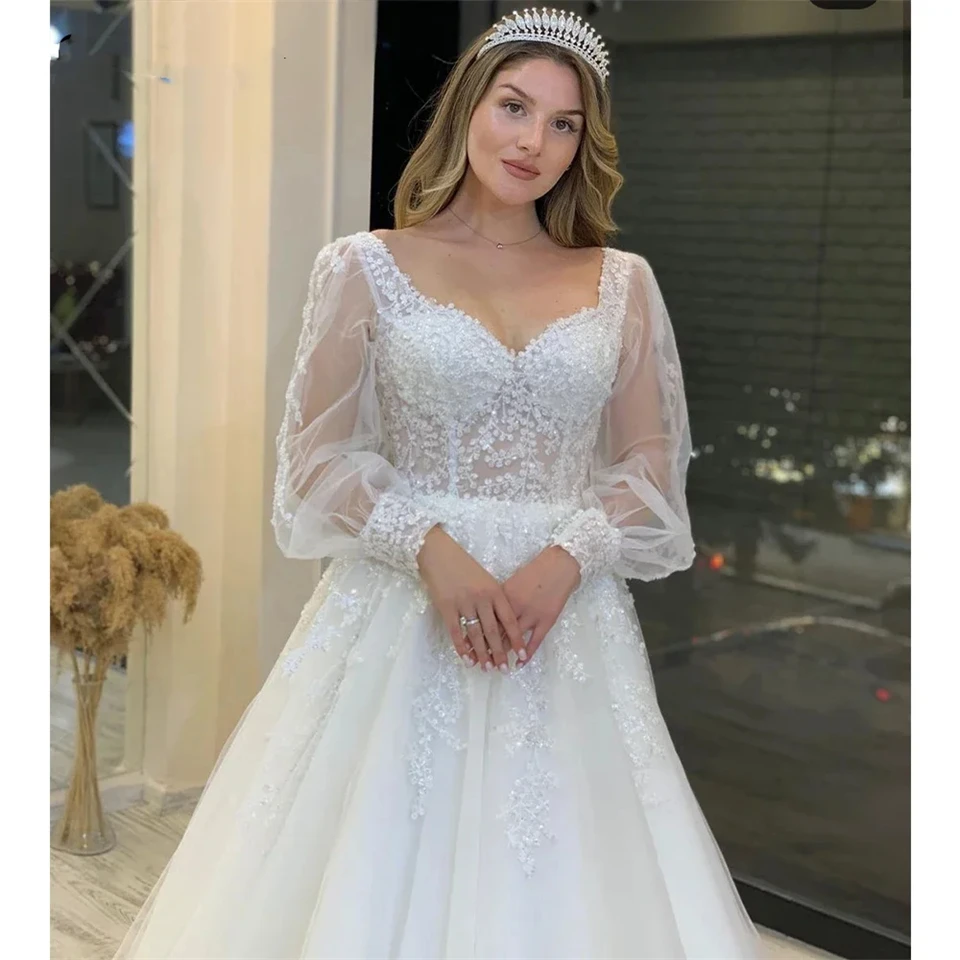 Customized Tulle Appliques Lace V-neck Full Sleeves 2024 Wedding Dresses for woman Sweep Train Evening Dress Vestidos De Noiva