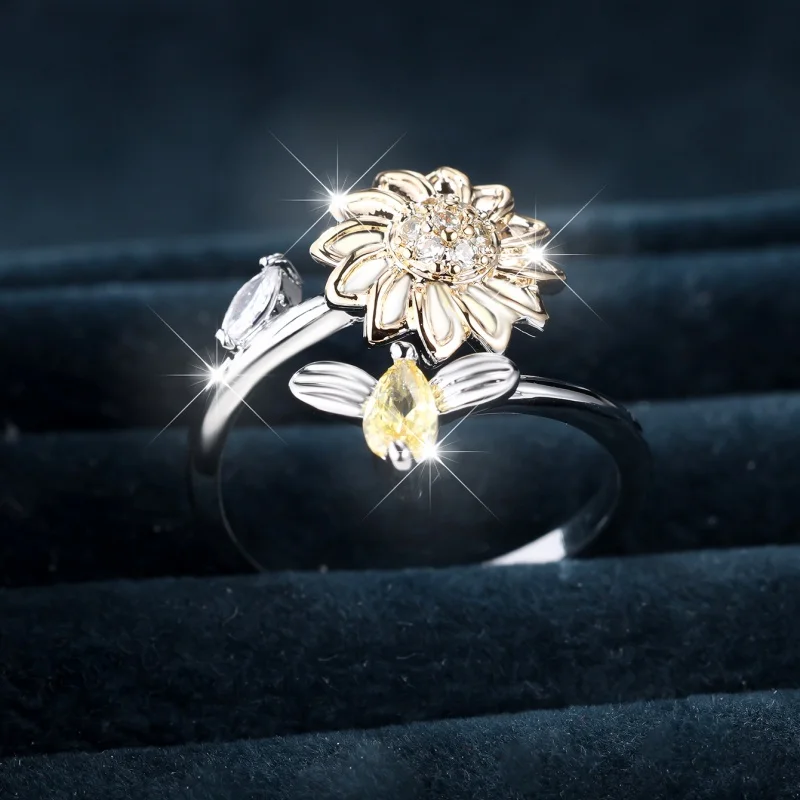 2026 New Sunflower Bee Open Ring Color Separation Set with Yellow Zirconium Adjustable Elegant Personalized Accessory