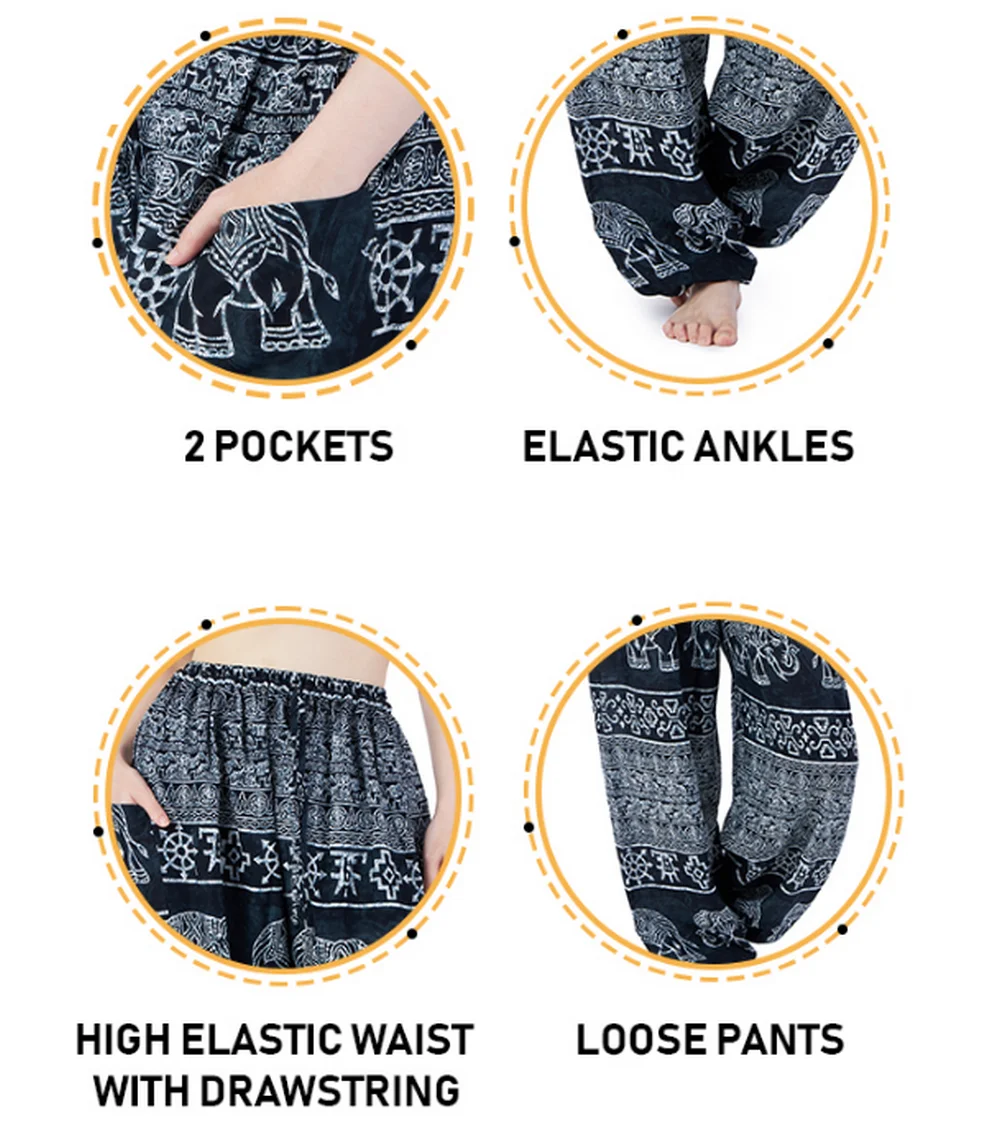 Boho Yoga Pants Wide Leg Women Harem Bohemian  Vintage Print  loose fit Boho Hippie high waist Smocked Waist Beach   Hippie