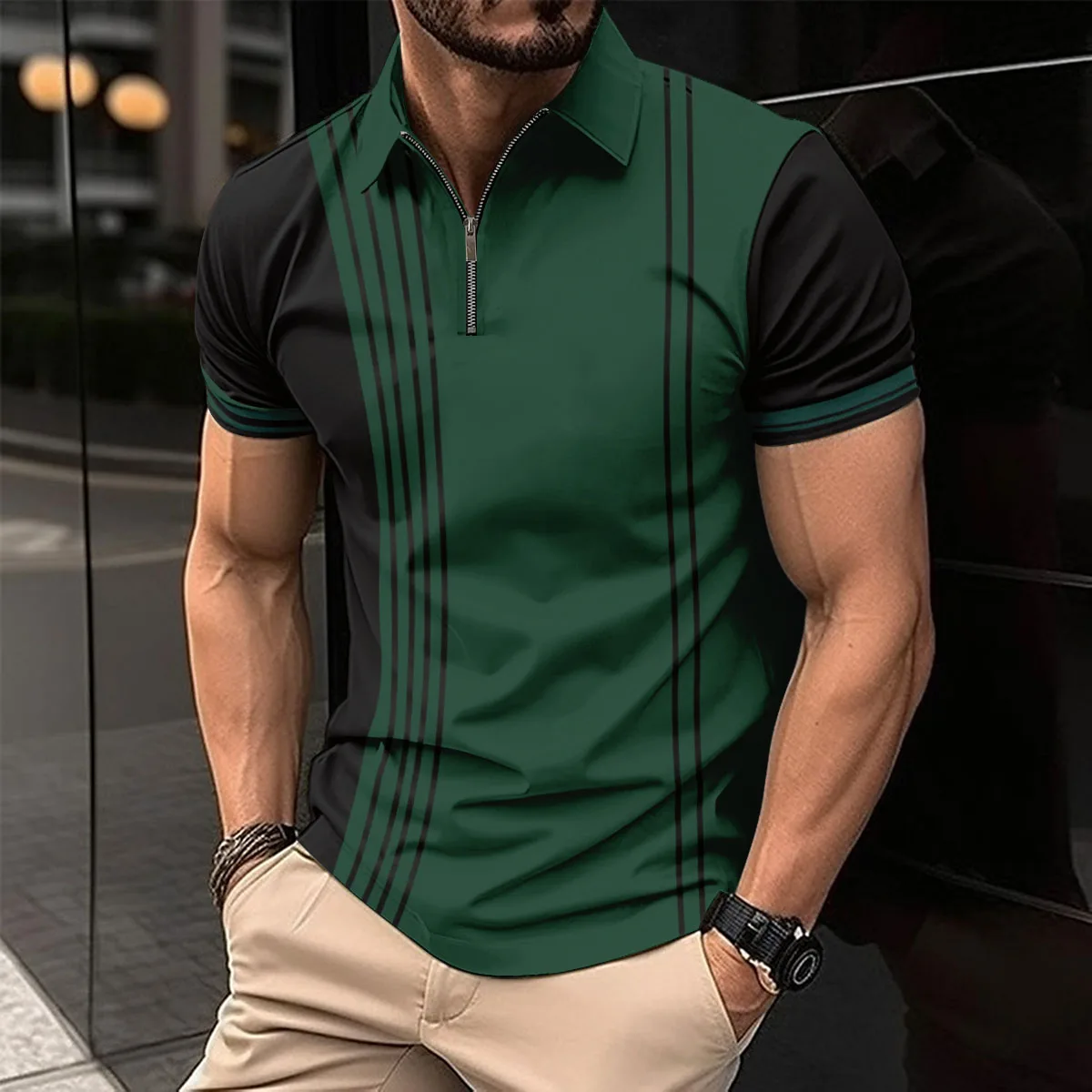 2024 Summer Men\'s Explosive Striped Top Slim Breathable Zipper Lapel Men\'s Clothing Sports Leisure Golf Polo Shirt