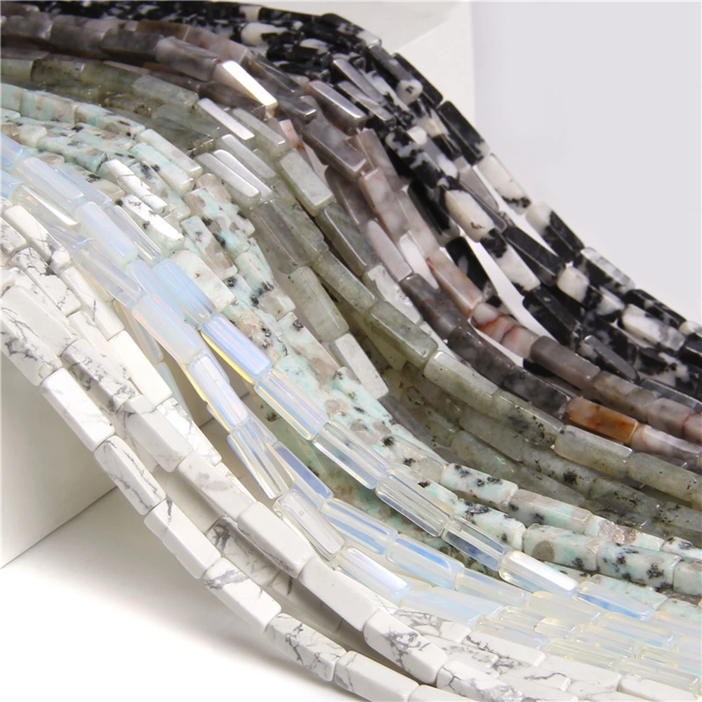 Grânulos quadrados do cubo para fazer jóias, acessório do grânulo, Howlite natural, Labradorite, cristal de opala, gema preta e branca, 4x13mm