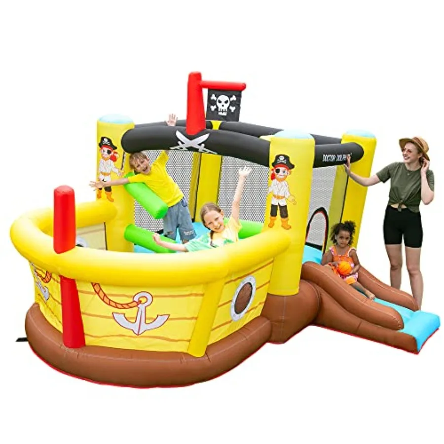 Bounce House Opblaasbare Glijbaan met Obstakels - Blower - Piratenschip Thema - Ballenbak - Basketbalring, Opblaasbare uitschuifregels voor