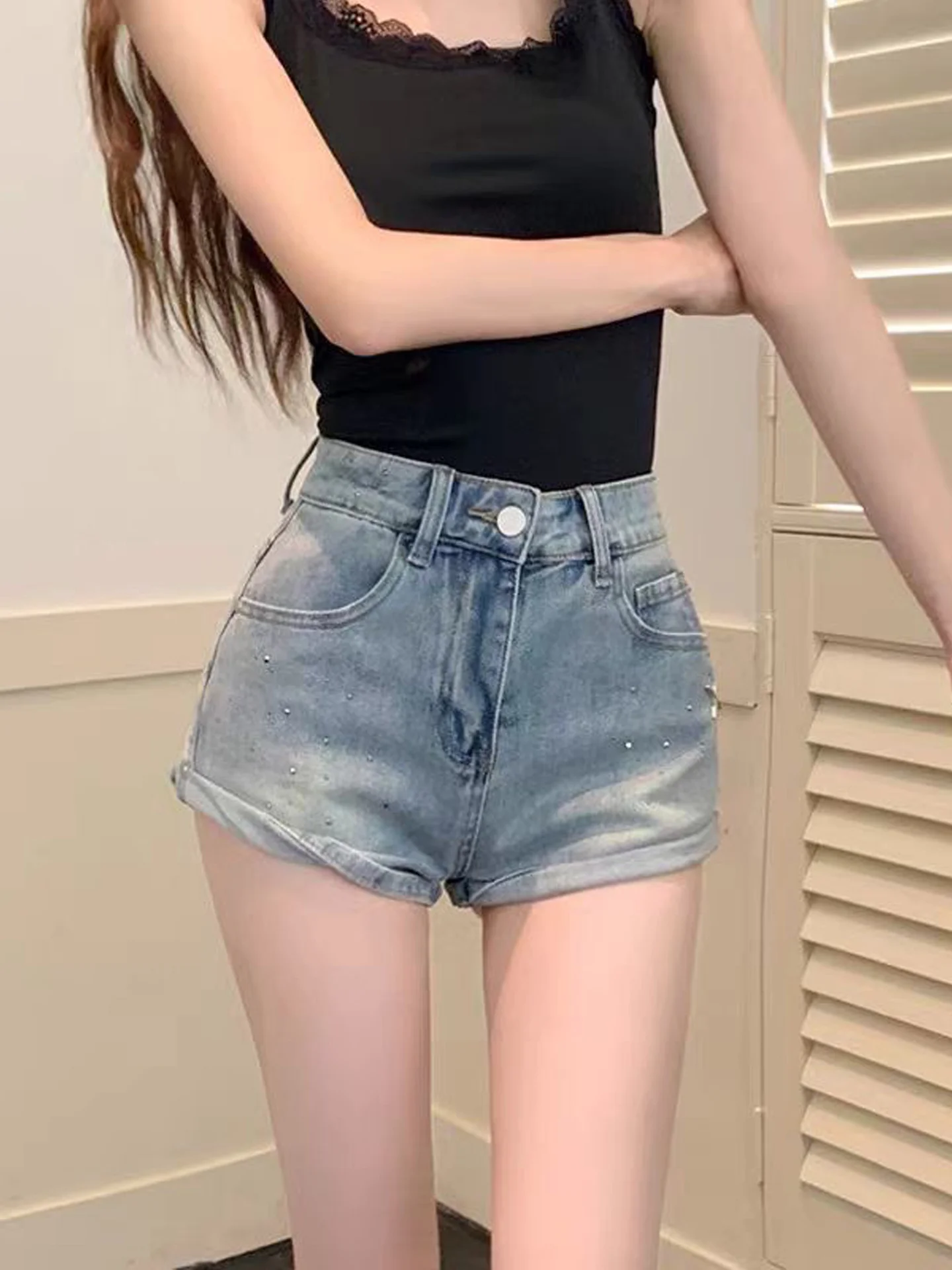 

Retro American Street Style Rhinestone High Waist Cuffed Denim Shorts Women's Summer New A-Line Buckle Hot Pants Casual Wide ...