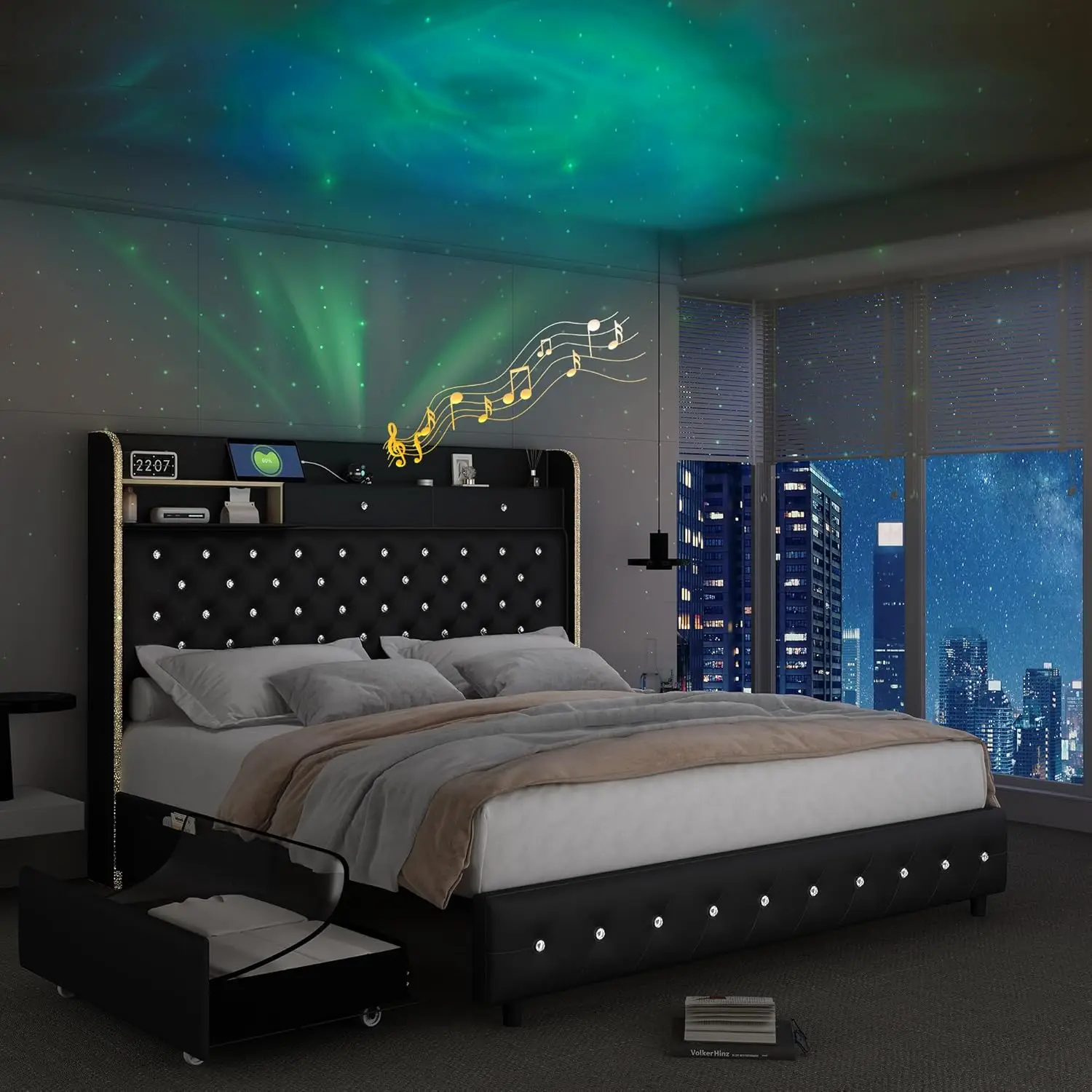 Full Led Bed Frame With Galaxy Aurora Star Projector, Full Size Platform Bed With 2 Storage Drawers, 52