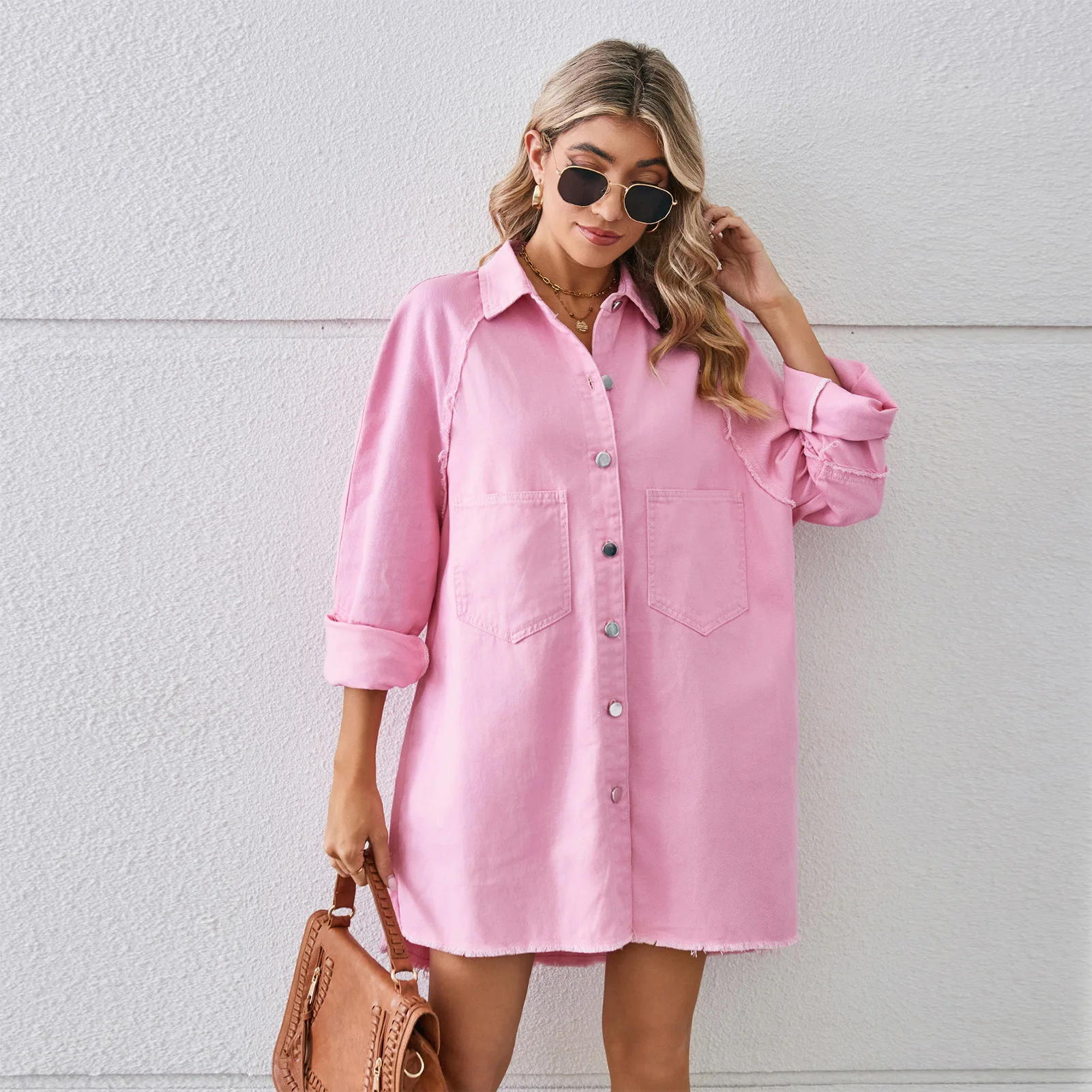 

Women's Spliced Long-Sleeved Cardigan Midi Skirt Denim Dress with Frayed Edges New Washed Style for Casual Occasions