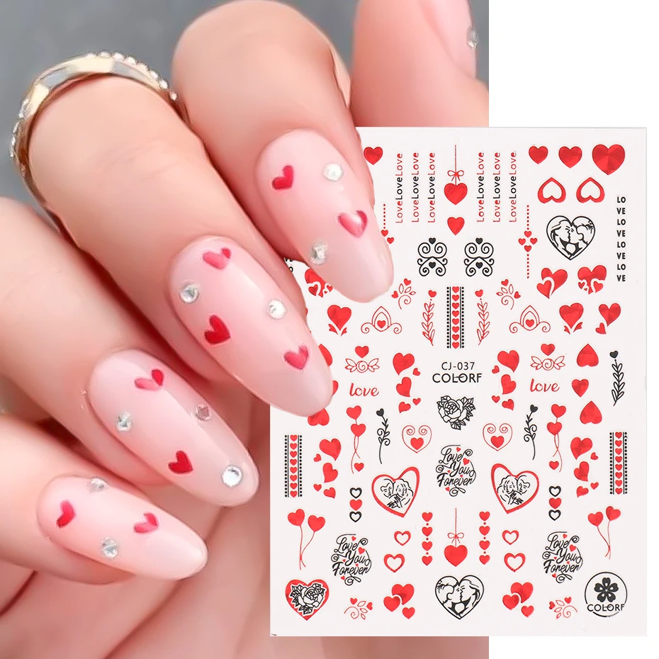 Laser Red 3D Nail Sticker Holograghic Black Lover Heart Kiss Romanic Lip Slider Nail Decoration Couple Valentine Sticker BECJ037