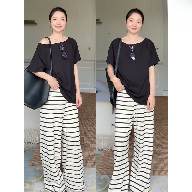 

Комплект Co99: хлопковая футболка с открытыми плечами и широкие брюки в полоску, прямой крой, летний универсальный топ и брюки, дизайн 2-в-1, модный комплект