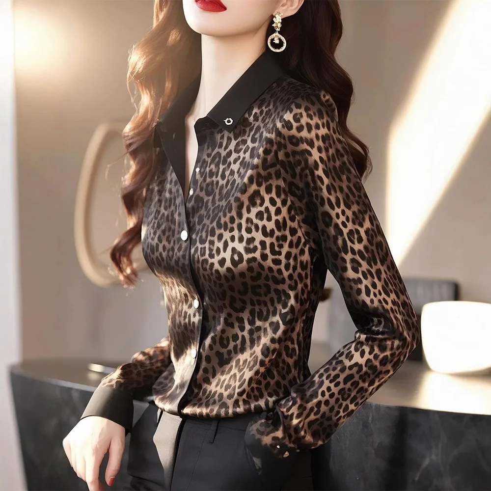 

Unique Ele Spring Faion Leopard Print Long Sve irt Luxury mat High-End Feelings Lady's Premium Quali Blouse