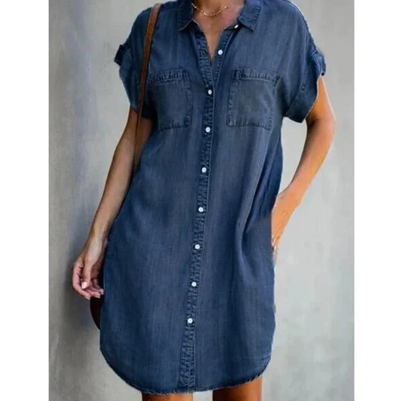 

Women Denim Shirt Dresses Short Sleeve Distressed Jean Dress Button Down Casual Tunic Top REFR1989