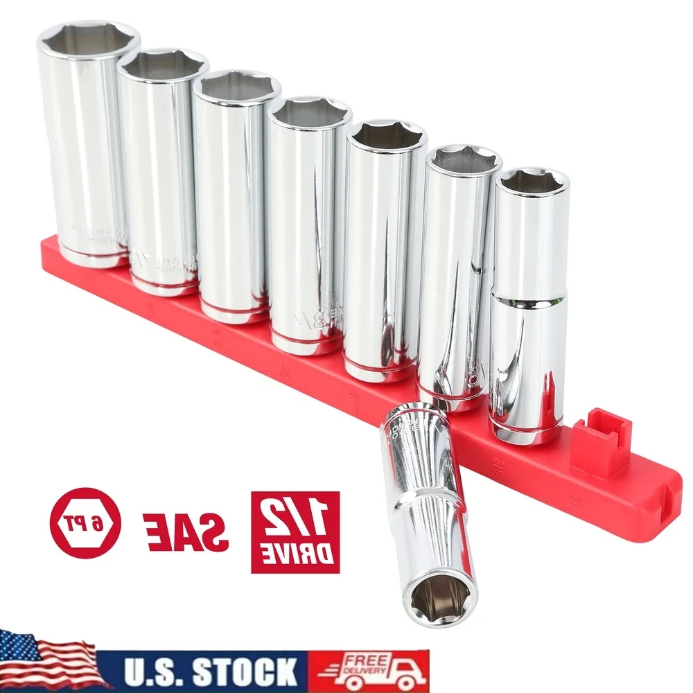 

Набор головок SAE глубокого стандарта с приводом 1/2 дюйма, 9 предметов, хромованадиевая сталь, размеры с цветовой кодировкой, съемная прочная розетка